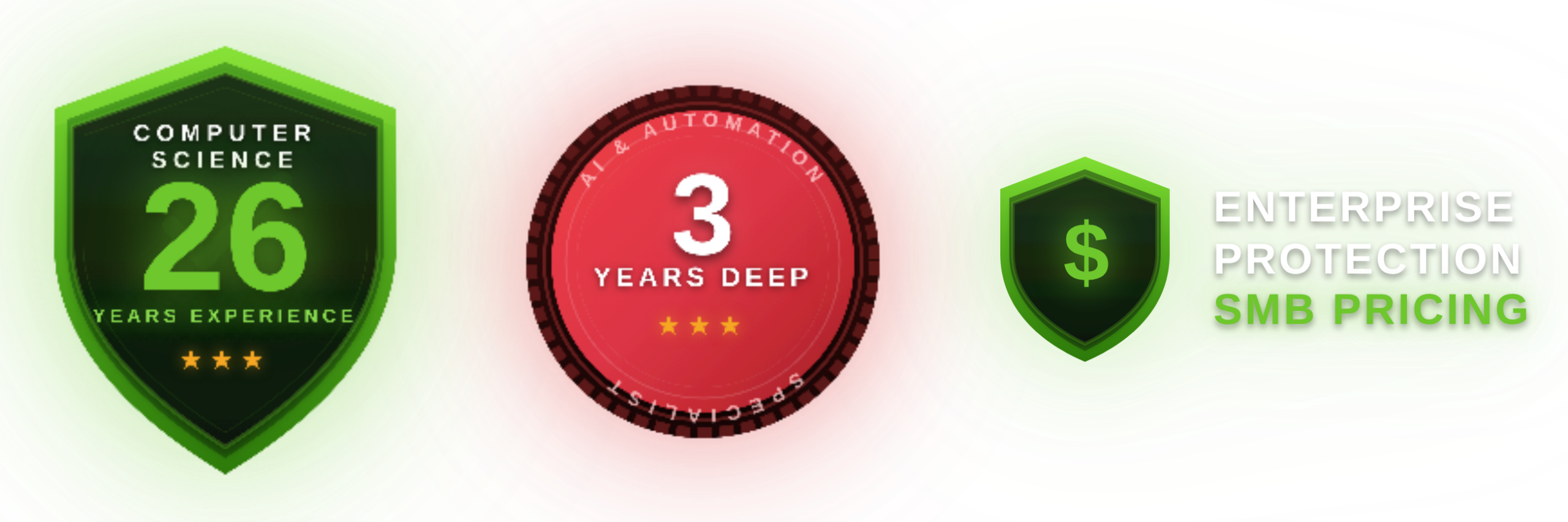 Trust Badges: 26 Years Experience, 3 Years AI, Enterprise Protection for SMB Pricing